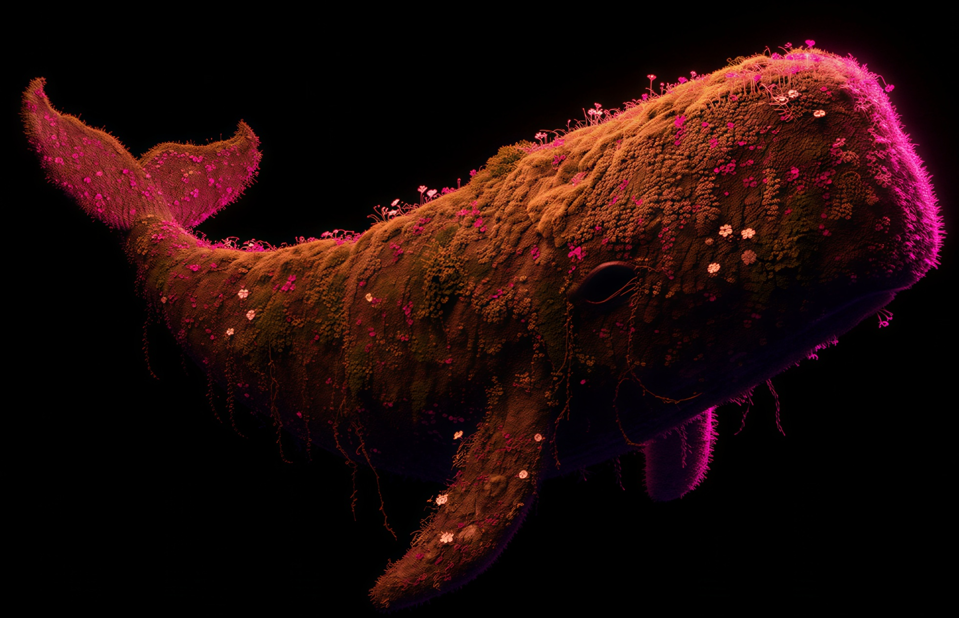 A whale formed of moss and glowing blossoms